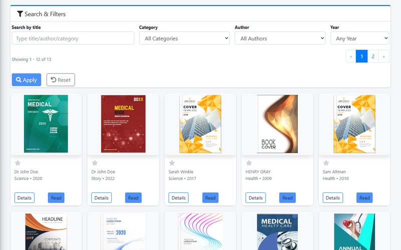 E-Library reading page showing a searchable catalogue of book covers with category, author and year filters