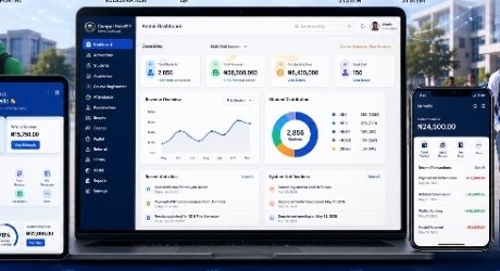 CampusHub ERP dashboard shown across laptop, tablet and phone screens
