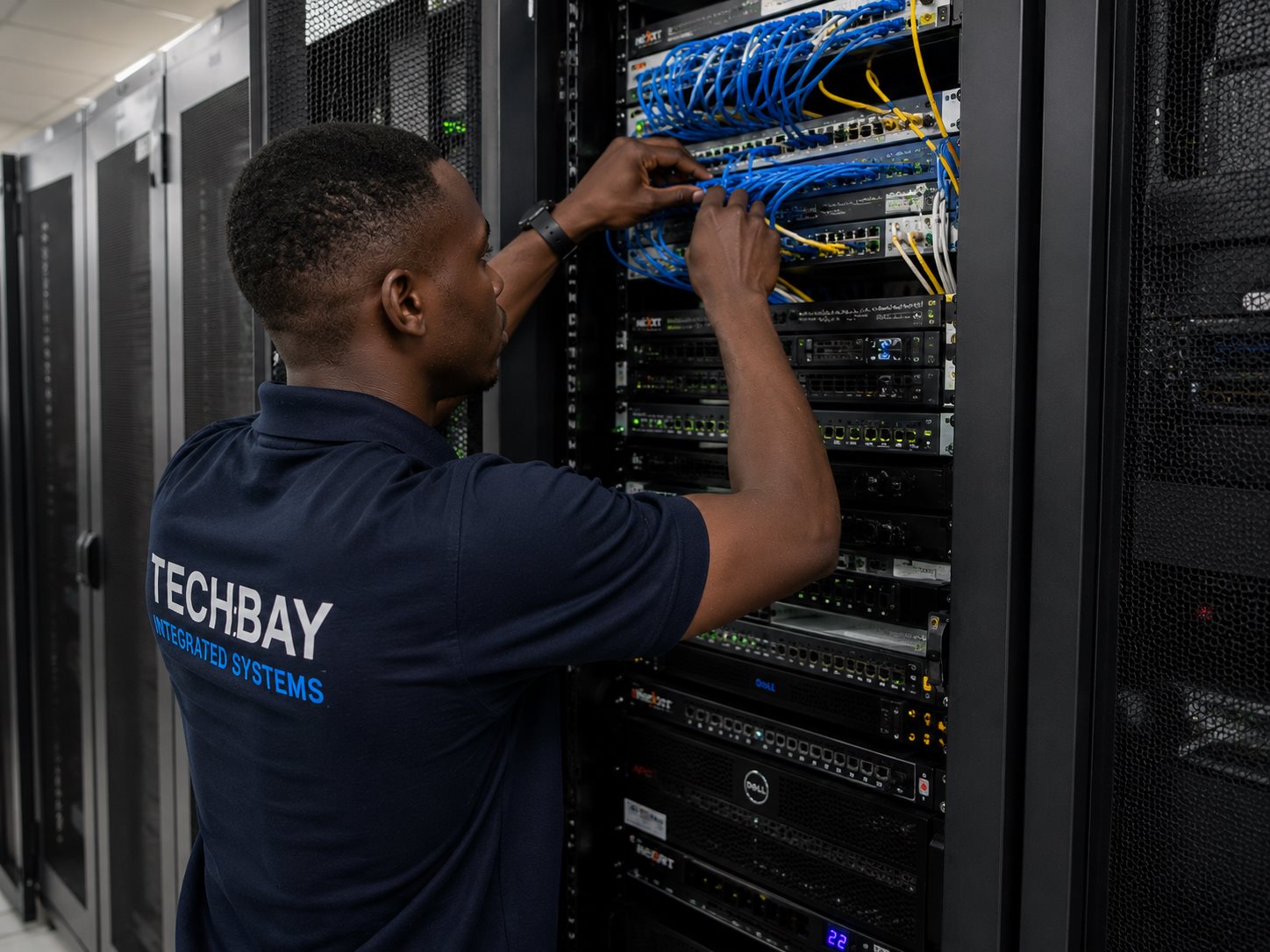 TechBay technician configuring server rack networking
