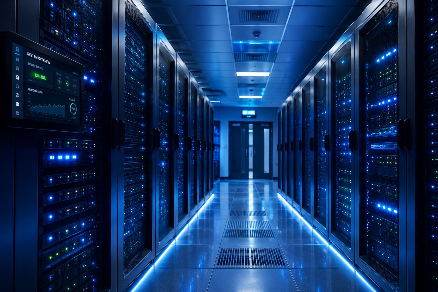 Data center server room with active network racks